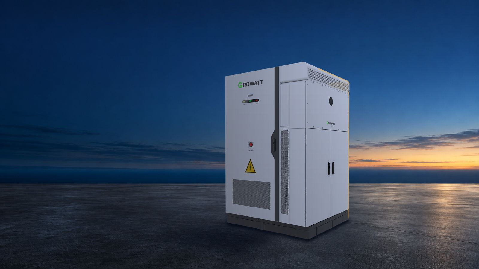 Growatt RISE 261 storage cabinet, pictured in front of a modern commercial building (illustration)