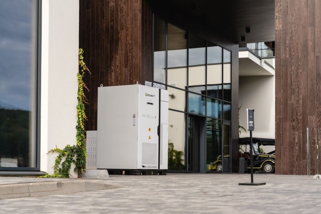 A Growatt storage cabinet at the entrance to the launch venue